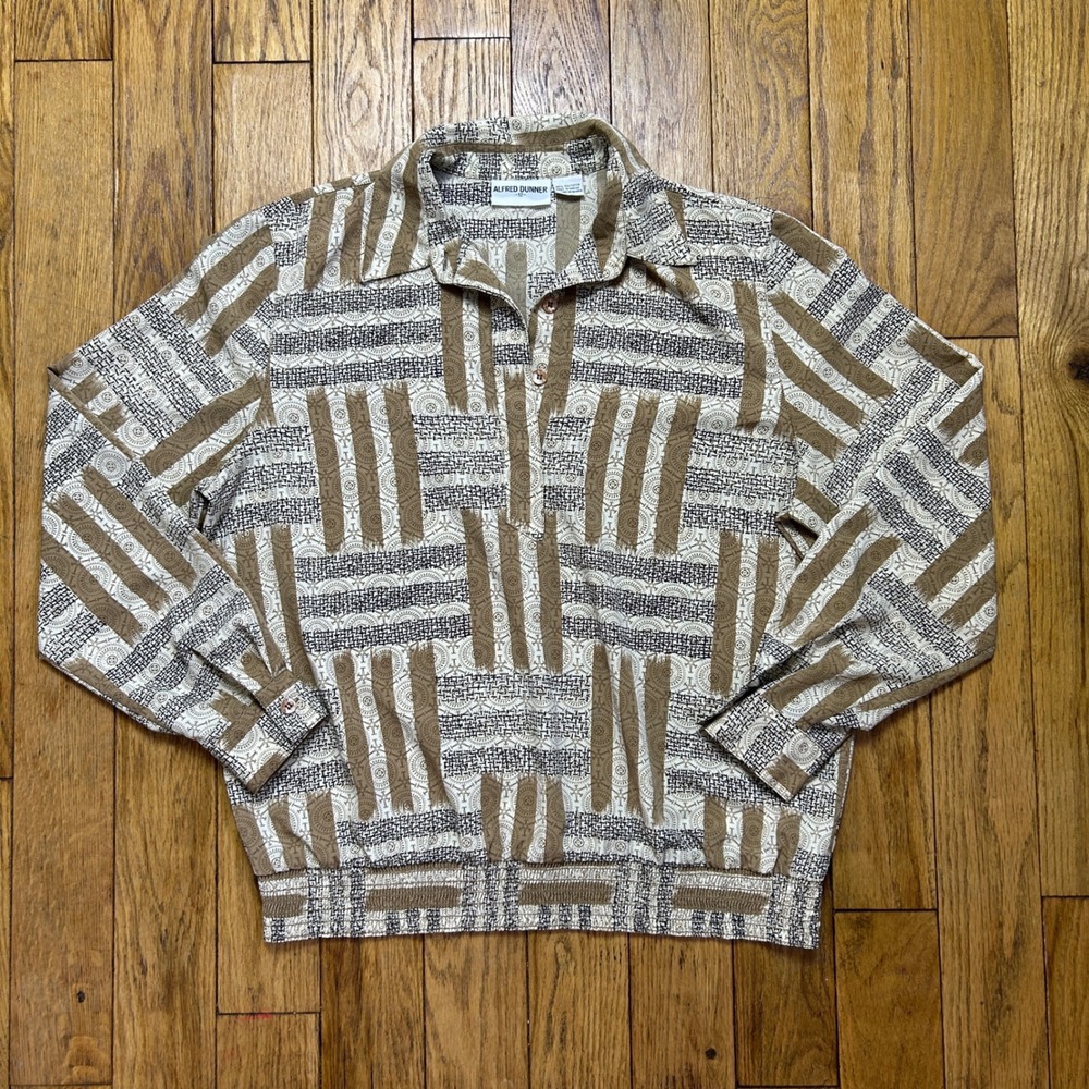 Alfred Dunner Vintage Brown Geometric Blouson Blouse Size 12 Long Sleeve - Picture 1 of 3